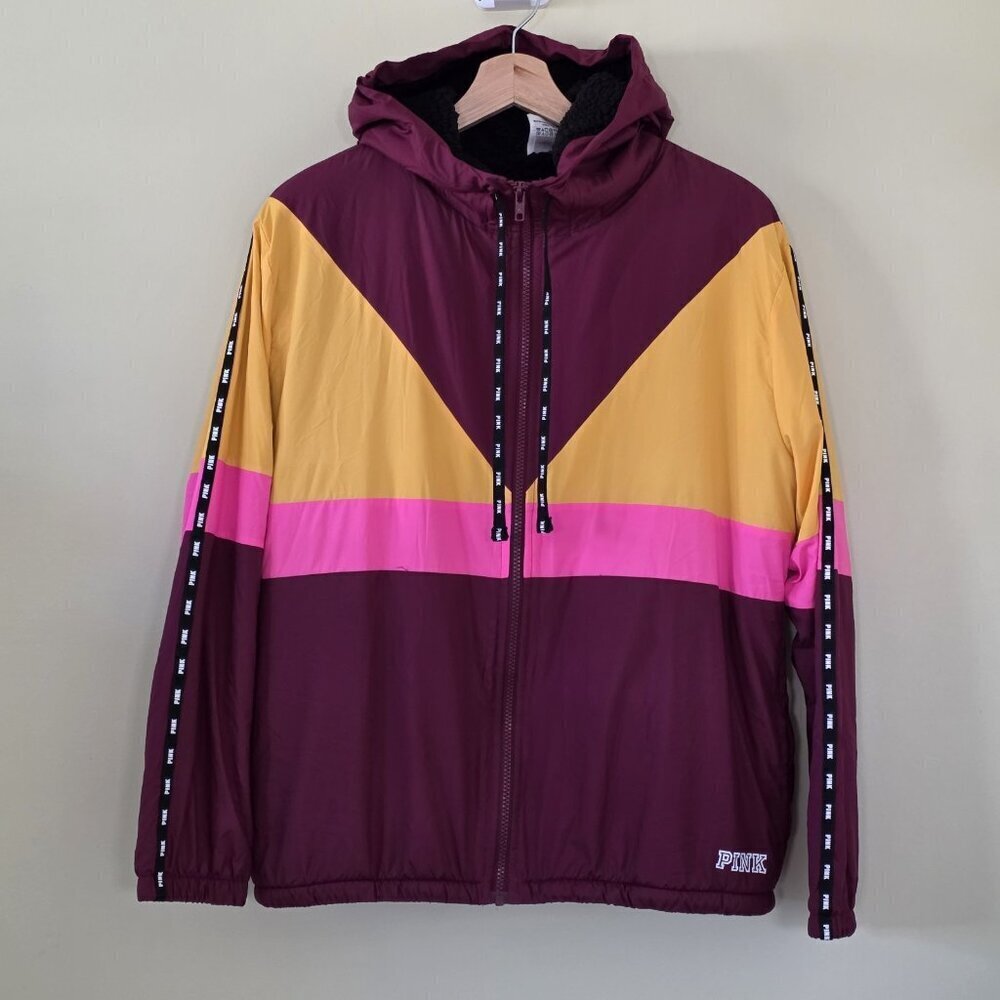 PINK Victoria Secret Jacket Women XS/S Multi Colorblock Zip LS Hood Sherpa Lined